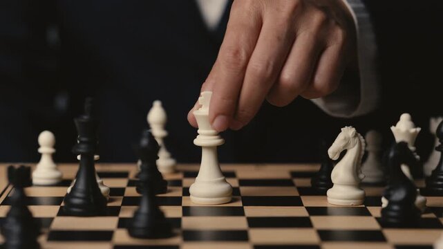 hand placing white chess king on a wooden board, business strategy concept
