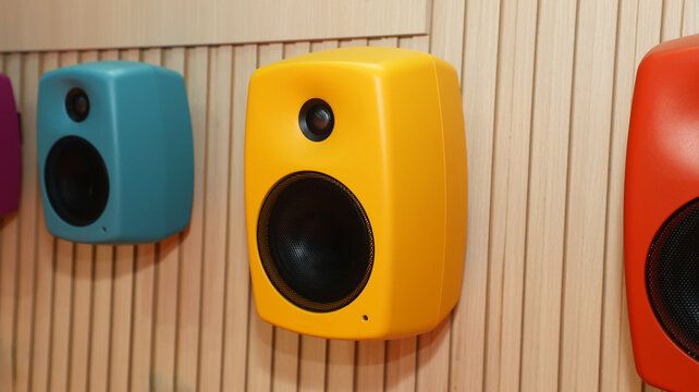 Studio Monitor Speakers Mounted on Slatted Wood Wall