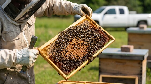 Professional beekeeper holding honey frame with bees, apiary worker inspecting beehive honeycomb, sustainable honey production and beekeeping
