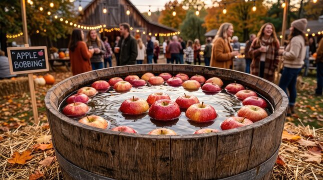 Apple bobbing barrel at a festive autumn outdoor party with people