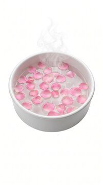 Pink rose petals float in a white ceramic bowl of steaming hot water for a spa treatment, isolated on a white background.