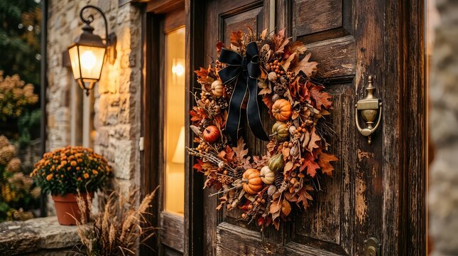 Autumn wreath on rustic wooden front door with pumpkins