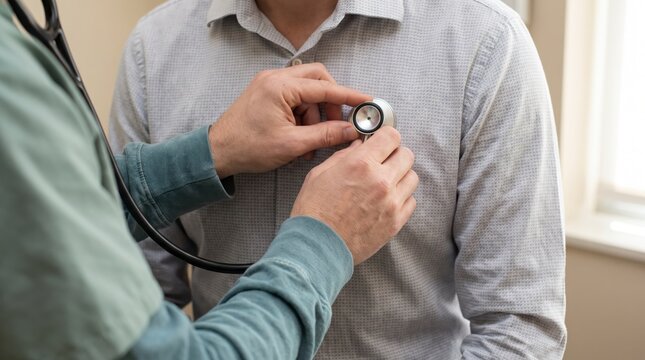 Doctor listening to patient heartbeat with stethoscope during medical checkup