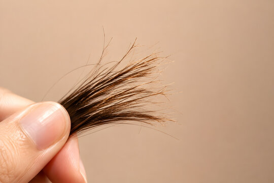 Woman hand holding dry and damaged hair strands showing split ends and brittle hair texture
