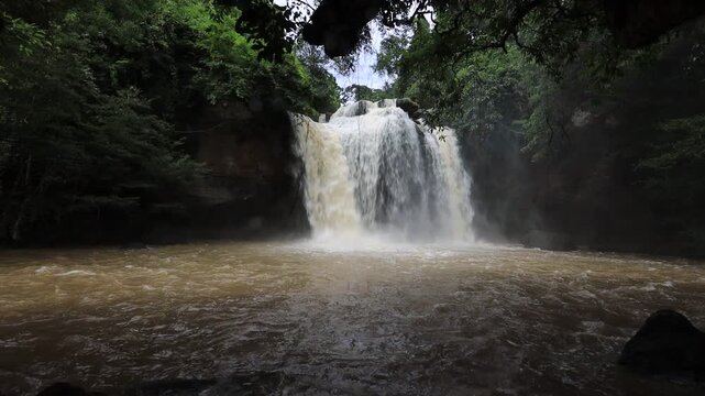 The beautiful nature backdrop of the Haew Narok waterfall in Khao Yai National Park is a stunning feature of the forest and a popular destination for tourists.