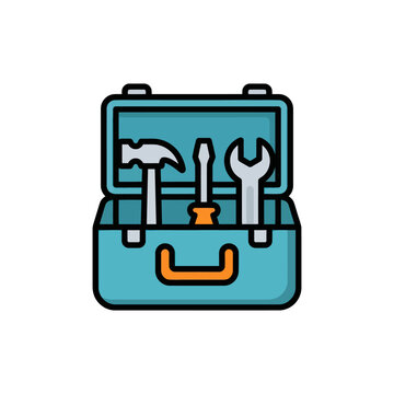 Open Toolbox with Tools: Hammer, Screwdriver, Wrench. Flat Design Icon.