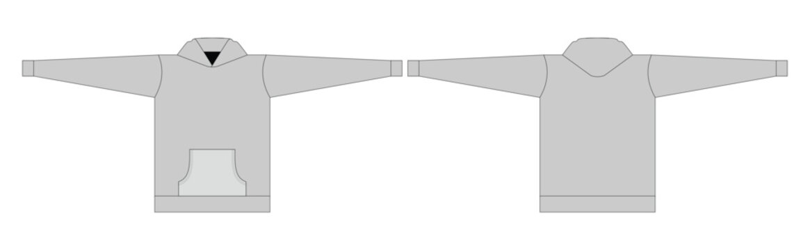 Extended Sleeve Hoodie Vector Mockup Flat Technical Sketch Front and Back View Oversized T-Pose Pullover Template for Streetwear Fashion Design Tech Pack Manufacturing Blank Garment Vector CAD