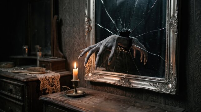 Creepy monster hand reaching through a broken vintage mirror in a dark haunted room