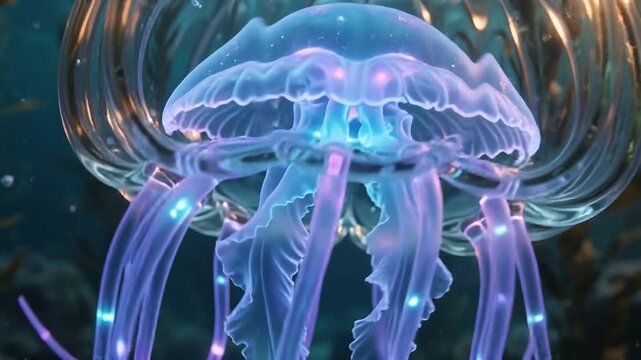 Glowing glass pumpkin jellyfish floating in an underwater kelp forest