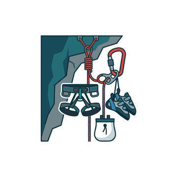 Rock Climbing Gear Hanging on Cliff - Harness, Shoes, Chalk Bag, Carabiner