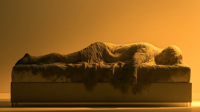 382. A psychological illustration of Chronic Fatigue. A person lying in bed, but their limbs are made of heavy, wet sand that is slowly dissolving and merging back into the mattress beneath 