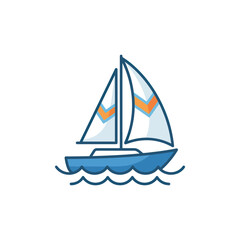 Fototapeta premium Sailboat icon, minimalist blue sailboat with orange chevron sails on wavy water