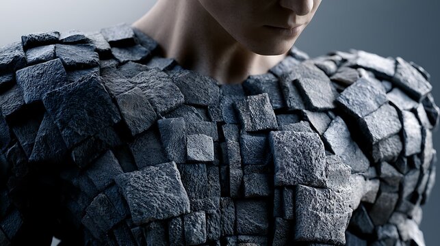 384. A psychological metaphor for defensive muscle armoring. A person's shoulders and chest turning into a solid, unyielding fortress wall made of heavy grey basalt rock, protecting the heart 