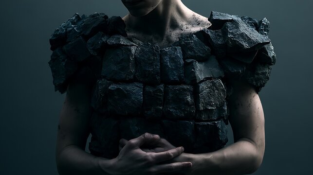 384. A psychological metaphor for defensive muscle armoring. A person's shoulders and chest turning into a solid, unyielding fortress wall made of heavy grey basalt rock, protecting the heart 