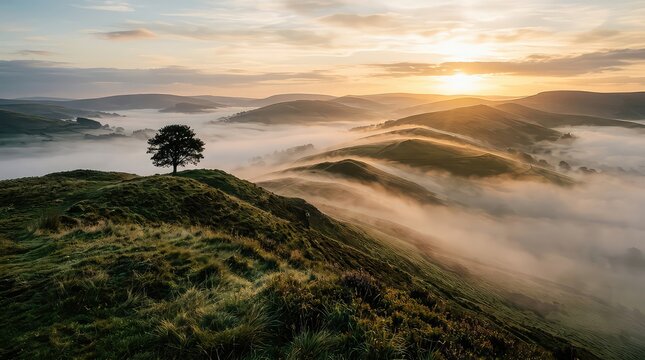 Scenic view of rolling green hills and fog at sunrise