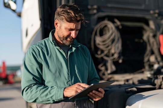 Truck mechanic using tablet inspecting engine compartment for fleet maintenance and diagnostics background for transport service brochure