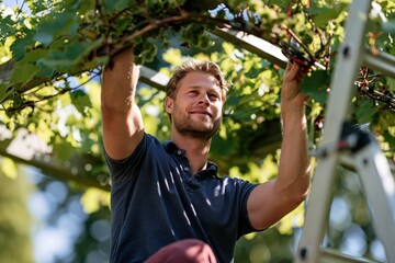 Fototapeta premium Man pruning grapevine on ladder in vineyard during summer for gardening and harvest background banner