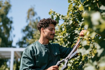 Fototapeta premium Young gardener pruning grapevines outdoors for garden background banner and landscape maintenance imagery for seasonal care and organic cultivation