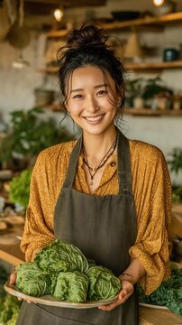 Young woman in apron presenting a platter of fresh green vegetable wraps