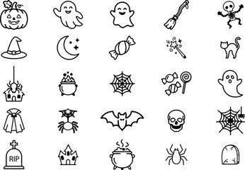 Obraz premium Halloween Icon Set Line Art, Hand Drawn Doodle Icons with Pumpkin Ghost Witch Hat Skull Bat Spider Web Cauldron Candy Tombstone, Black and White Outline Vector Collection.eps