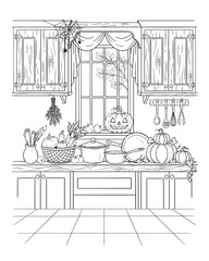 Fototapeta premium Detailed coloring page of a cozy kitchen interior decorated for halloween with pumpkins, cooking pots, utensils, and a window with curtains.