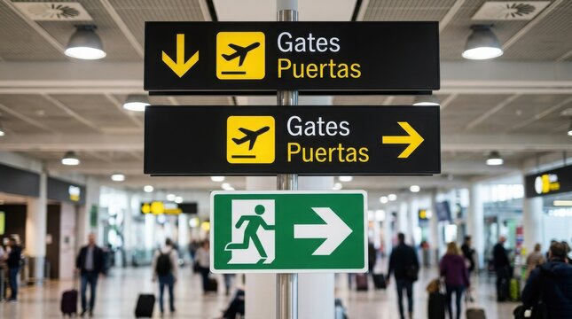 Airport terminal signage with gate and emergency exit directions