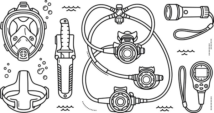Diving equipment collection features a mask regulator fins and underwater flashlight in a linear style