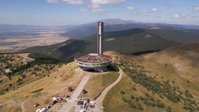 Aerial View of Buzludzha Monument Peak and Balkan Mountains, Bulgaria