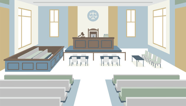 Empty traditional legal courtroom interior with public audience benches, jury box, lawyer tables, and judges high bench.
