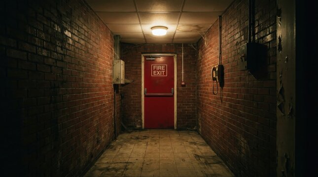 Dimly lit industrial corridor with a red fire exit door