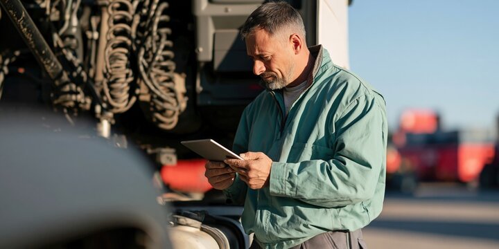 Mechanic checking tablet for truck diagnostics and maintenance at a transport depot for service report background