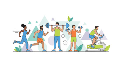 Fototapeta premium Diverse active people exercising in a gym featuring weightlifting, running, and stationary cycling.