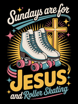 Sundays Are For Jesus And Roller Skating vintage skates, cross and sunburst