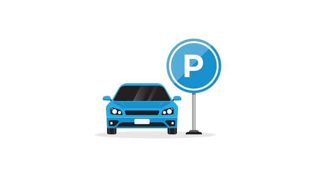 4K animation of Front-view blue car parked beside a round parking sign