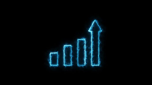 Glowing light blue neon business growth bar chart up trend animation on black background loop.