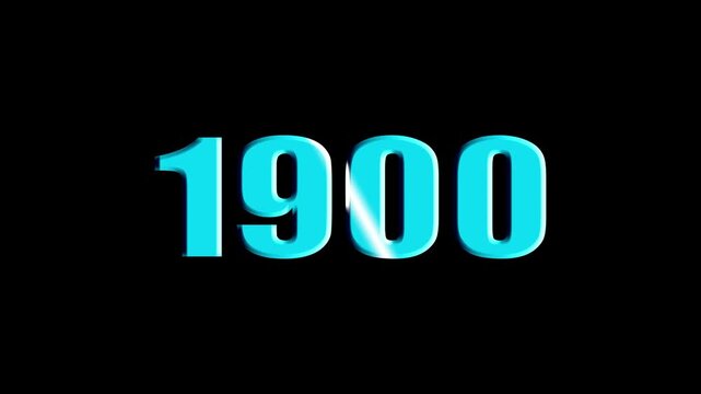 Scaling New Year 1900 Text Animation in Cyan with Light Sweep, Isolated on Black Background.