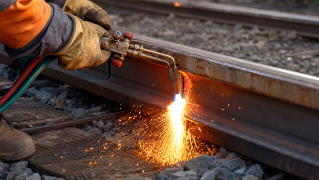 Railway worker cutting steel rail with gas welding torch, bright flame and sparks during railroad track repair, metalworking and rail maintenance