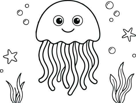 Cute jellyfish coloring page for children with seaweed and starfish, simple line art illustration