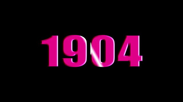 Scaling New Year 1904 Text Animation in Red with Light Sweep, Isolated on Black Background.