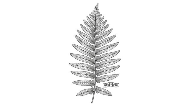 Vintage fern leaf botanical illustration, black and white fern frond sketch, antique nature drawing on white background