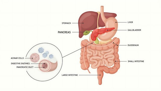 Human digestive system anatomy diagram with labeled organs