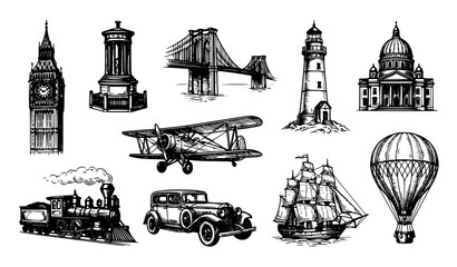 Fototapeta premium Vintage Travel Landmarks and Transportation Sketches Vector Set