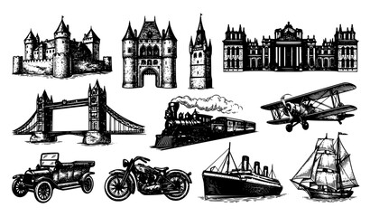 Fototapeta premium Antique Travel Landmarks and Vintage Transportation Engraving Vector Collection