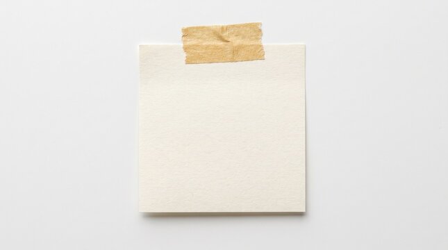 Blank square paper note attached with adhesive tape on a white background.