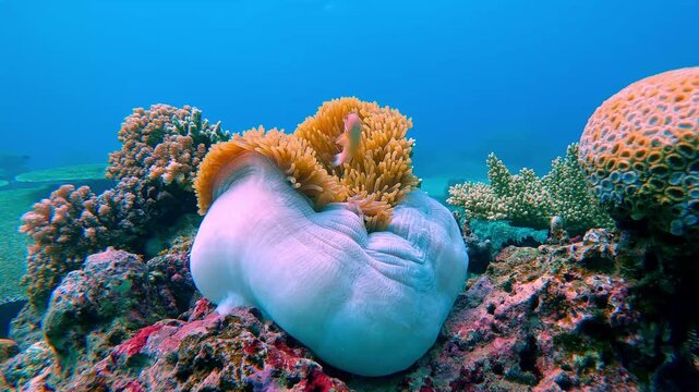 Diving pov showing a magnificent sea anemone (Radianthus magnifica) inhabited by pink skunk clownfish (Amphiprion perideraion) nestled in a colorful bustling coral reef. Dauin, Philippines