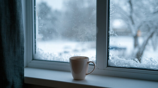 Coffee mug on windowsill with steam rising against snowy window view