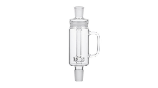 Borosilicate glass bubbler attachment for scientific use, clear glass water filter for laboratory research, professional glass pipe accessory isolated PNG with Transparent Background