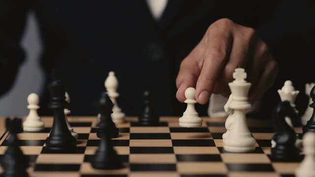 business hand moving a white pawn on a wooden chessboard, strategy