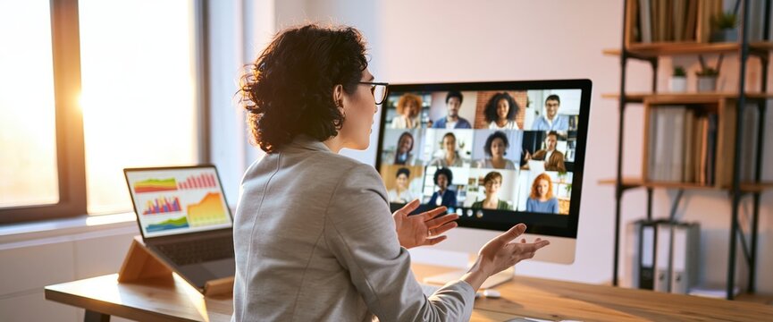 Business professional woman in a virtual video conference meeting on remote work