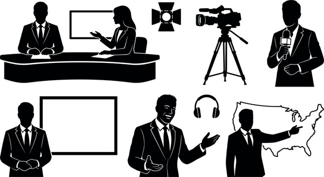 News broadcasting silhouettes depict anchors reporters studio lights and a map on a white background